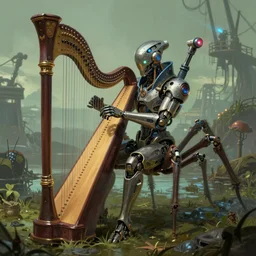 full shot portrait of eight - legged cyberpunk - mech with laserturret playing on the laser harp, cyberpunk 2 0 8 8, scene of swamp battleground background, elegant, digital illustration, detailed, intricate, sharp focus, digital painting, deep focus, artstation, art by artgerm and greg rutkowski and alphonse mucha