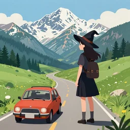 young student witch on a summer roadtrip through the mountains, by hong soonsang, concept art, digital art, trending on artstation, pixiv, illustration