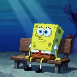 spongebob with a sad!!! expression slouching on a bench in the bikini bottom, global illumination!!! dim lighting, sad litghting, sad mood, blue, midnight, cinematic, extremely detailed, beautiful, stunning composition, beautiful light rays, trending on artstation