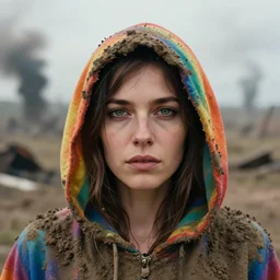 closeup portrait of a woman with a hood made of rainbows and mud, standing in an apocalyptic landscape, by Annie Leibovitz and Steve McCurry, natural light, detailed face, CANON Eos C300, ƒ1.8, 35mm, 8K, medium-format print