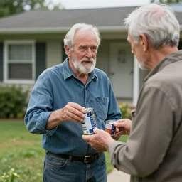 realistic photograph of an old man showing up at his neighbor's house with a can of tuna