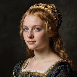 portrait of young woman in renaissance dress and renaissance headdress, blue eyes and blond hair, style by the piero della francesca