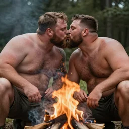 big manly hairy burly strongmen kissing around a campfire, dad energy, photography, brotherhood