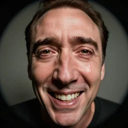 close up of nicolas cage staring deep into the camera, tears pouring down his face, big toothy smile, fisheye lens