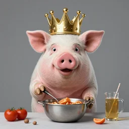 studio photograph of a pig wearing a gold crown depicted as a muppet cooking