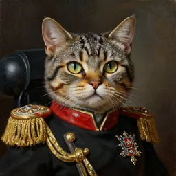 an oil painting of a cat as an Imperial officier from the Warhammer 40k, sparkly detailed cat eyes, glorious, cinematic, realistic lighting, masterpiece, smooth, Warhammer 40k, military, by J. M. W. Turner