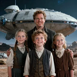 extremely sharply detailed, from 9 9 k blockbuster sci fi color movie freeze frame, in 1 8 6 0, family standing in front of a crashed spaceship, on alien planet, looking happy, wearing 1 8 5 0 s era clothes, atmospheric lighting, in focus, reflective eyes, - 9 9 mm macro lens, live action, nice composition, good photography, clear facial details
