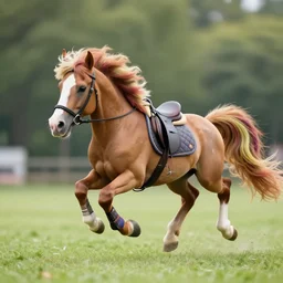 wide angle full body action shot of a my little pony as an appaloosa horse with a rider, an appaloosa hybrid has a mane and tail like my little pony, colorful tail, professional, high quality, 4 k, dof, bokeh, action