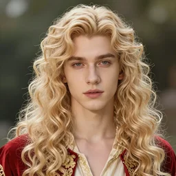 portrait of Lucius the beautiful fantasy androgynous prince, long fluffy strawberry blond curly hair, clean and pretty, 8k, trending on artstation