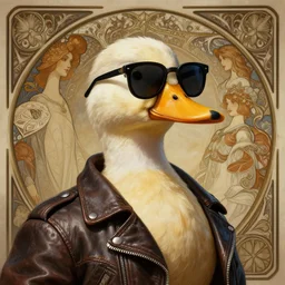 a duck wearing sunglasses and a leather jacket, photography of kurzgesagt, deep focus, d & d, fantasy, intricate, elegant, highly detailed, digital painting, artstation, concept art, matte, sharp focus, illustration, hearthstone, art by artgerm and greg rutkowski and alphonse mucha