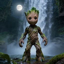 photorealistic full shot of Groot under waterfall at moonlight, green color palette, high detail, unreal engine 4k volumetric light, fog,