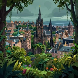 a beautiful digital graphics design portrait of Edinburgh city. Edinburgh overgrown with plants, caledonian forest, matte painting, fantasy art, highly detailed