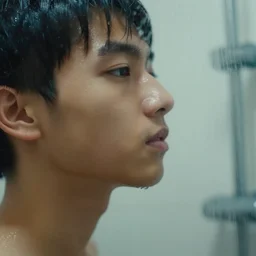 close - up on a shower with a teenager, depth of field, blur cinematic, 4 k