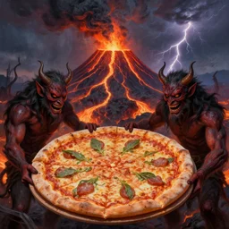 masked demons grabbing a large pizza!!!, in the background is a volcano spewing lava and black smoke, streams of glowing hot lava, flashes of lightning in the distance. wide angle, long shot, an ultrafine detailed painting by irina french, deviantart, pop surrealism