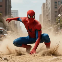 cinematic scene of Spiderman slowly becoming sand , shocking