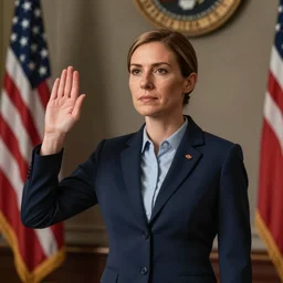 hyperdetailed elaborate minimalist photorealistic portrait of Leslie Knope taking the oath of office as president of the united states in the style of Caravaggio