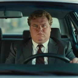cinematic still of portly clean-shaven white man wearing suit and necktie and short curly blond hair as car salesman in 1994 film, XF IQ4, f/1.4, ISO 200, 1/160s, 8K, RAW, dramatic lighting, symmetrical balance, in-frame