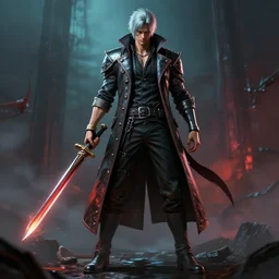 hyper detailed full body character concept digital painting master piece of dante from devil may cry by mico suayan, realistic, specular highlights, unreal engine 6 octane rendering ray tracing, atmospheric perspective, scary atmospheric lighting, vivid color scheme