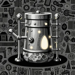 2 d illustration of ancient technology artifact made of steel and stone, with glow on some of its parts, random monochromatic pattern background