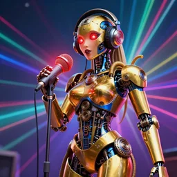 portrait photo of a giant huge golden and blue metal female humanoid steampunk robot singer with headphones and gears and tubes, in the foreground is a big red glowing microphone on a tripod, eyes are glowing red lightbulbs, shiny crisp finish, 3 d render, 8 k, insaneley detailed, fluorescent colors, background is multicolored lasershow