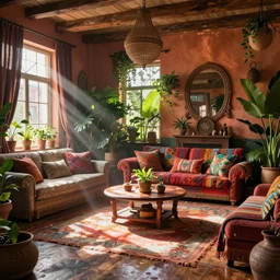 8 k dslr photo render of a elaborate bohemian living room, beautiful furnishings and house plants, dramatic lighting, volumetric lighting, deep colors, reflections, shadows, sunbeams, atmosphere, vibe, raytracing, very detailed