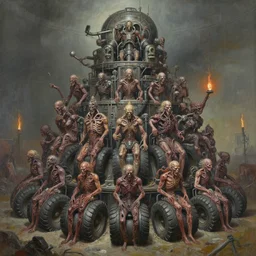 oil paint of 1 1 horrifying machines as autolysis tires, wearing flayed gods, in tiers, colossal medical gangrene machines in tiers, dethroning battle pit, by shigeru komatsuzaki, by alberto bontempi, basil gogos, alex ross, wayne d barlowe, stefano tamburini, torch light, muted colors, epic, hyper detailed,