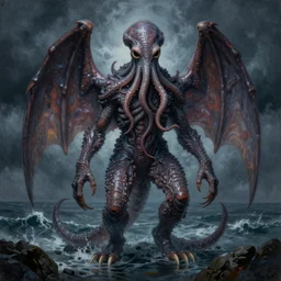 A beautifully detailed and creative painting of Cthulhu, with a human-like body, with an octopus-like head whose face was a mass of feelers, a scaly, rubbery-looking body, prodigious claws on hind and fore feet, and long, narrow wings behind, by H.P. Lovecraft, with surrounded by a stormy sea, trending on artstation