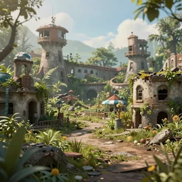 post apocalyptic theme park park, trending on artstation, photorealistic, wilderness ambiance, ultra detailed, high definition, depth of field, bokeh, rubble, wild vegetation, building crumbling,