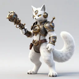 anthropomorphic white lynx fursona wielding steampunk weapon, wearing steampunk suit with clockworks life support with lynx head, tail, paws, by tanidareal, irakli nadar, muggur, intricate linework, unreal engine, photorealistic render, furry art, furaffinity, bright sun backlight, white detailed fur, gaussian blur