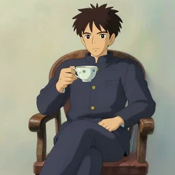 mysterio sitting on the chair and holding tea cup, by studio ghibli, trending on artstation,