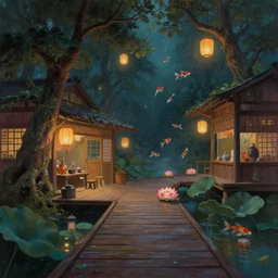 painting of interior of cozy fantasy onsen teahouse boardwalk by greg rutkowski craig mullins pixar bonsai trees floating lanterns and lotus [ koi fish swimming in the air ] clear focus fantasy dark atmospheric cinematic lighting, trending on artstation
