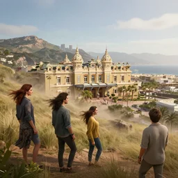 windswept vista overlooking a monte carlo casino in the side of a hill. jasmin habezai - fekri, anton fadeev, tony zhou shuo, greg rutkowski, unreal engine 5