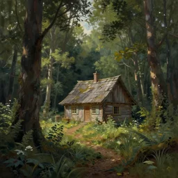 a painting of a cottage in the woods and empty woods, 8k, fantasy, hyper realistic, dramatic lighting, cinematic