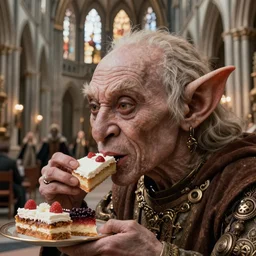 highly detailed closeup, bosch face profile portrait of a medieval goblin eating cakes in the cathedral, depth of field, fashion photoshoot by hyung tae, frank frazetta, bosch, giger, breathtaking, detailed and intricate environment, 8 k resolution, hyperrealistic, octane render
