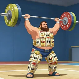 the worlds strongest man lifting a bar bell made of soy sauce packets. japanese anime
