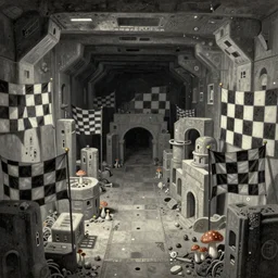 [Underground colony with checkered! flags, brutalism and little mushrooms. Propaganda! poster!, intricate, elegant, highly detailed, digital painting, artstation, concept art, matte, sharp focus, illustration, art by Enki Bilal and Moebius]