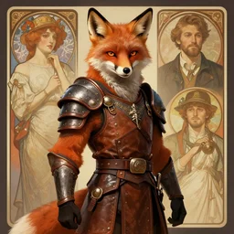 a cunning anthropomorphic fox ranger, wearing detailed leather armor, character illustration by greg rutkowski, thomas kindkade, alphonse mucha, loish, norman rockwell