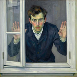 a painting in the style of ferdinand hodler, a man looks through the window of an old house and sees a woman in a blue dress surrounded by sun flowers