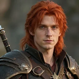 masterpiece closeup portrait of a young man with red hair in adventuring gear by Greg Rutkowski, 4k, masterpiece, cinematic, dungeons and dragons, detailed