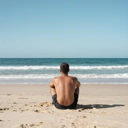 a photo of a man sitting on rbe beach