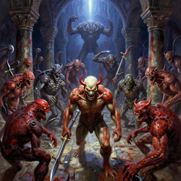 psycho monsters flooding the dungeon halls with weapons and blood, by shigenori soejima, by frank frazetta, by thomas kinkade, by ilya kuvshinov, digital painting masterpiece, beautiful brush strokes, advanced lighting technology, symmetry!!!