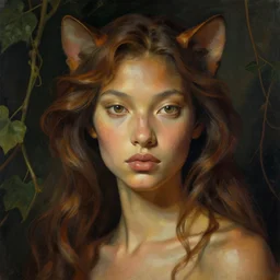 detailed portrait in femininity, evolved, feline, realistic face chiseled features, specular eyes, ethnic, statuesque model, natural skin, flowing ruffled hair, warm glow, subsurface scattering, avant garde fashion, chiaroscuro, organic impressionism, vine backdrop, deep rich color, digital illustration
