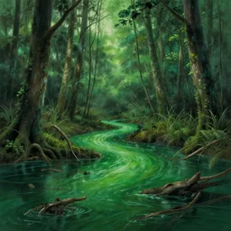 a beautiful matte painting of view of an abandoned dark swamp with a poisonous stream with emerald thick water, in style of thomas kinkade and ralph mcquarrie, studio ghibli, green pastel color scheme, digital artwork, landscape vista photography, 1 6 k resolution, landscape 3 5 mm veduta photo, 8 k resolution, detailed landscape painting by, deviantart, flickr, rendered in enscape, ultrafine details, reimagined by industrial light and magic