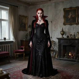 sanna marin from finland posing as a vampire in gothic clothing in a rustic apartment