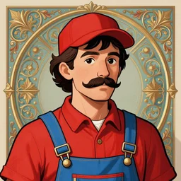 a portrait of a man with a mustache wearing a red shirt, blue overalls, and a red cap, art by artgerm, digital illustration, ornate details,