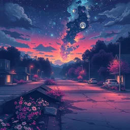 a beautiful hyperdetailed anime illustration of abandoned parking lot by rafael aranda, at night galactic at dusk anime flowers lightpaint, archdaily, wallpaper, highly detailed, trending on artstation.