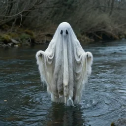 photo of a ghost floating over a river, fur, realistic, national geographic