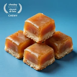 chewy caramel squares on a blue background, chesley bonestell, vincent di fate