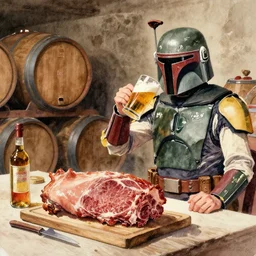 blonde woman and boba fett drinking beer in a wine cellar, masterpiece, meat, pork, schnapps, watercolor by vladimir volegov and john singer sargent