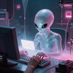 alien using a computer to check her email submerged in translucent goo, over the shoulder perspective, in 1 9 8 5, y 2 k cybercore pinkcore, industrial low - light photography, still from a kiyoshi kurosawa movie